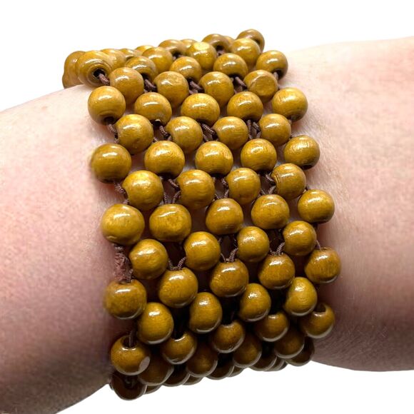 Wood Stone Beaded Necklaces & Stretch Bracelet Set Of Four Vintage 80s Bohemian - Picture 4 of 11